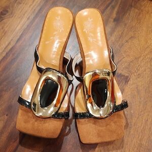Black and Gold Slide Heels Mules